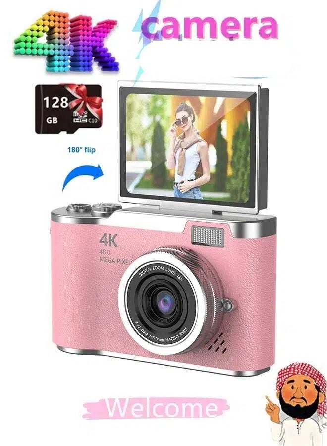 4k CCD Digital Zoom Student Digital Camera 48MP Portable Digital Photography Camera 180° Flip Screen Selfie Camera,free 128GB SD card